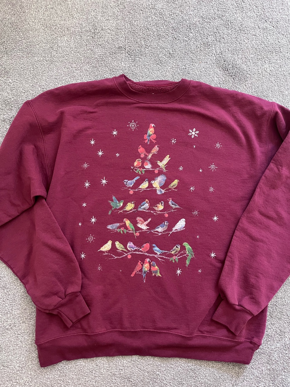 Hanes Burgundy Crewneck Sweater with Colorful Bird Tree Graphic